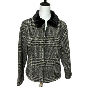 Vintage Talbots Jacket‎ Medium Petite Black Tan Houndstooth Faux Fur Collar Zip
